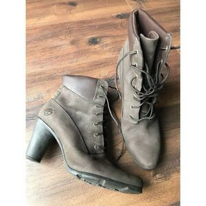 Timberland ladies high heel ankle boots brown lace up worn once US9.5 $145 RRP